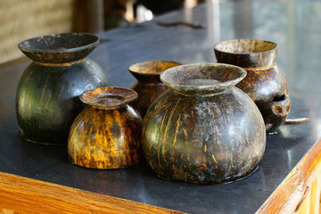 various kinds of bowls and cups made of coconut shell    