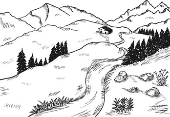 Fototapeta premium Rural landscape with a farm in engraving style. Hand drawn and converted to vector Illustration. Landscape with mountains.