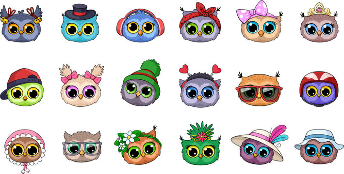 Owl cartoon faces. Cute owls avatars, funny wild birds vector portraits. Childish animal stickers, fashion characters with sunglasses, headphones, hats