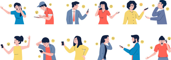 Emotional smartphone conversation. Angry people holding phones and do correspondence or talk. Negative discussion, digital addiction recent vector characters