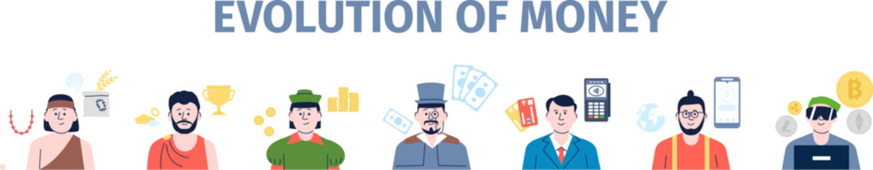 Money evolution from barter to cryptocurrency. Cash save history, investments and growth. Different payments, coins and bitcoin. Recent banking vector concept