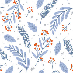 Winter floral plants seamless pattern. Christmas holiday botanical background, fir tree and berries branches and leaves. Racy seasonal fabric print vector template