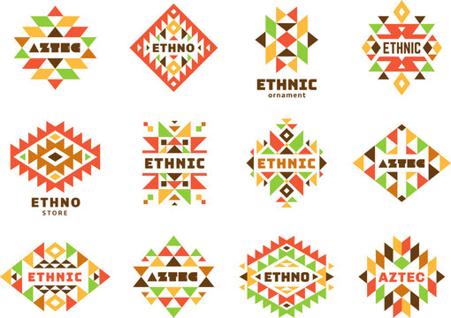 Aztec navajo indian native tribal logo design. Trendy hipster elements, isolated ethnic ornaments. Mexico motif, tidy geometric boho vector symbols