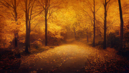 Fototapeta premium Misty evening in autumn park, golden trees along the alley. Generative AI illustration
