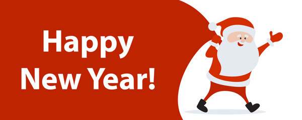 Funny happy Christmas Santa Claus character with gift bag and text. For card, banner, tag and label.