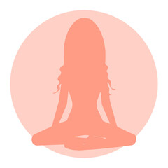 Long hair girl sitting in meditation, pink logo icon for beauty sport relax business. Vector illustration flat design. In yoga lotus position silhouette.