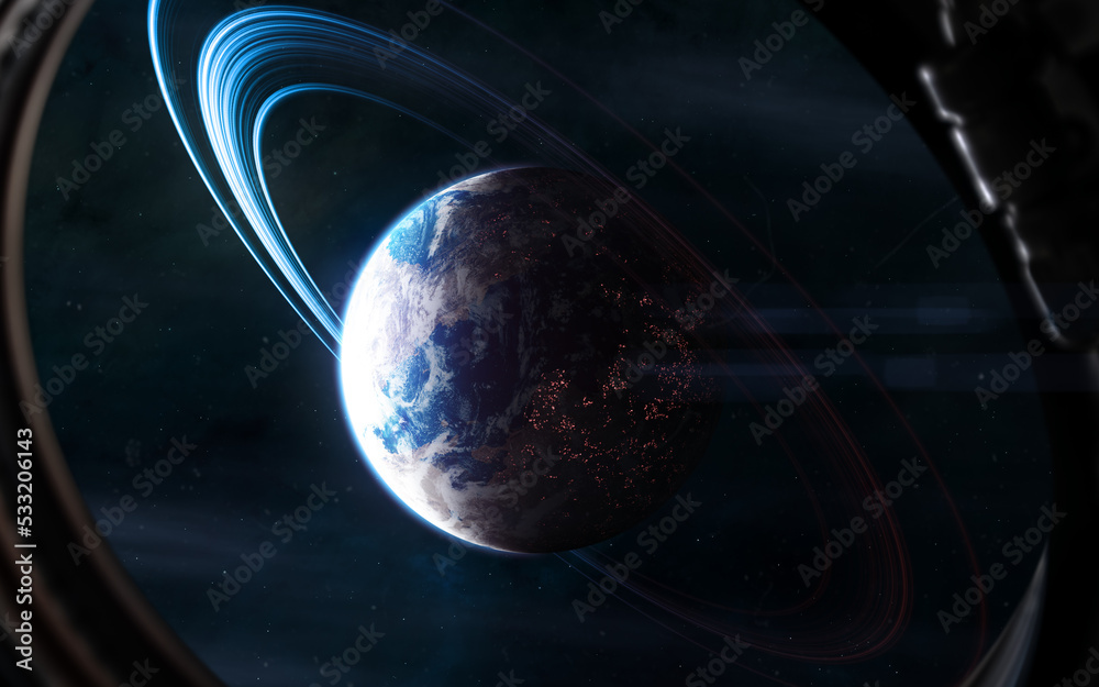 Wall mural habitable deep space planet. view from porthole. science fiction. elements of this image furnished b