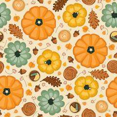 Seamless pattern with colorful pumpkins, cups of tea and cappuccino, cinnamon and different leaves. Vector illustration.