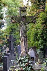 Historic Statue on the mystery old Prague Cemetery, Czech Republic