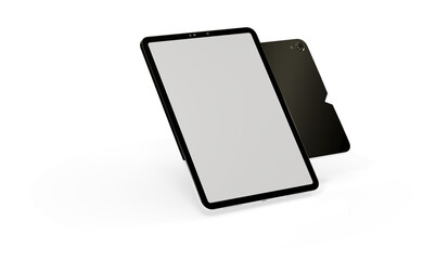 Blank screen realistic tablet frame, rotated position, side view, top view. The tablet is at different angles. Layout of a universal set of devices