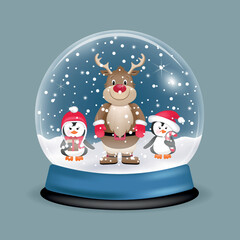 Christmas snow ball and deer, penguins