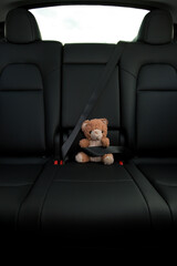 Teddy Bear in backseat of electric car with seatbelt on close up