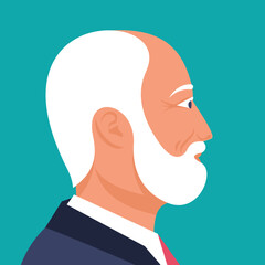Gray-haired head of an old man with a mustache and beard. Close-up of a businessman's head. Face of a man in profile. Avatar for social networks. Vector illustration flat design.
