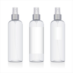Transparent bottle mockup with different labels. Round plastic packaging with silver spray isolated on white background. Clean PET container