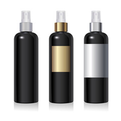 Black plastic bottle mockup with different labels. Round plastic packaging with silver and gold spray isolated on white background. Clean PET container