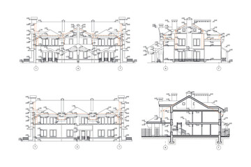 Two story private house section, detailed architectural technical drawing, vector blueprint