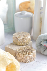 Fototapeta na wymiar Natural soap bars, handmade natural soaps on bathroom kit.