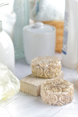 Natural soap bars, handmade natural soaps on bathroom kit.