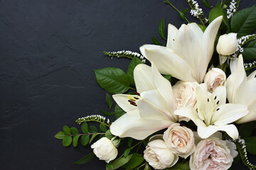 White delicate lily flowers composition, condolence flower background card, funeral concept image,...