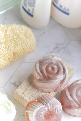 Obraz na płótnie Canvas Natural soap bars, handmade natural soaps on bathroom kit.