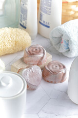 Fototapeta na wymiar Natural soap bars, handmade natural soaps on bathroom kit.