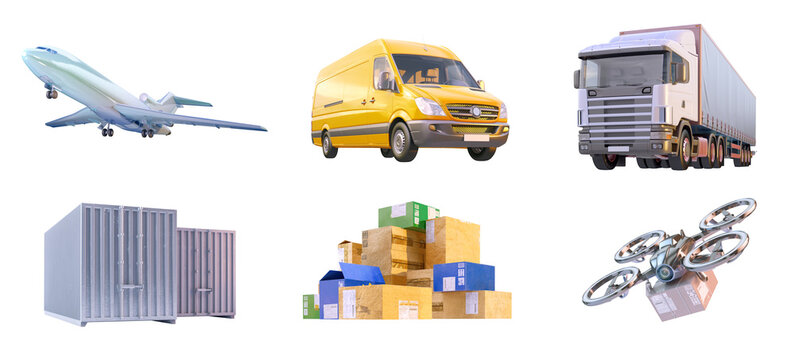 3D delivery icons set. Global cargo logistic business. Fast air shipping, freight truck, cargo van transport, drone logistics; import, export, trading, cargo international delivery, distribution icons