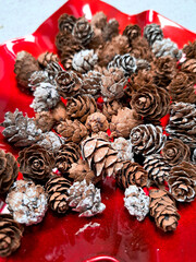 Close up os small pine cones on red plate christmas decor background
