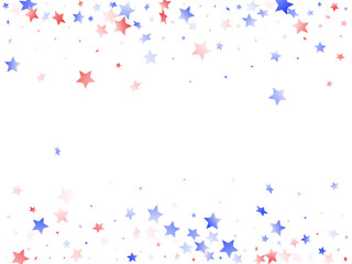 Flying red blue white star sparkles on white vector american patriotic background.