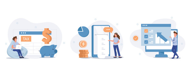 Various Finance Icons. Characters Calculating Long Bill or Invoice Online, Filling Tax From, Analyzing Financial Data. Income Management Concept. Flat Cartoon Vector Illustration.