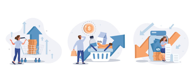 Inflation illustration set. Characters buying food in supermarket and worries about groceries rising price. Consumer price index growth and financial crisis concept. Vector illustration. - obrazy, fototapety, plakaty