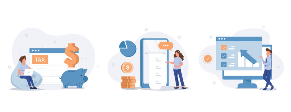 Various Finance Icons. Characters Calculating Long Bill or Invoice Online, Filling Tax From, Analyzing Financial Data. Income Management Concept. Flat Cartoon Vector Illustration.