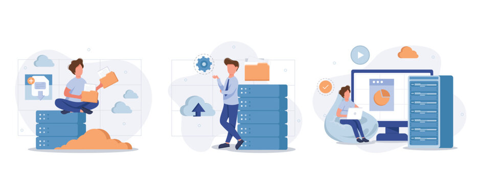 Big Data and Cloud Computing illustration set. Business characters using remote servers to analyzing large sets of data and recognizing mistakes. Actionable data concept. Vector illustration.