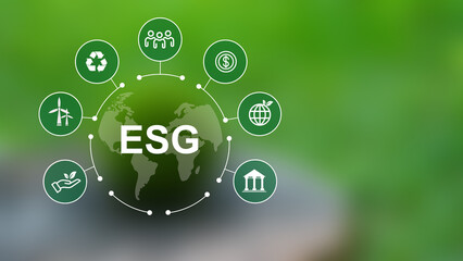 World sustainable environment concept design.Green earth for Environment Social and Governance ESG. Solving environmental, social and management problems with figure icons.