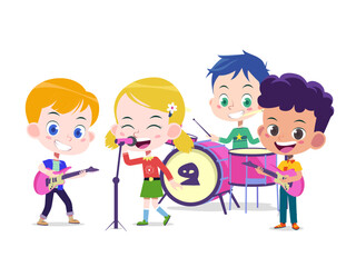 Kids music band. Children playing music cartoon
