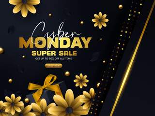 Cyber Monday Super Sale abstract background with golden texture, flowers and gifts. vector illustrator