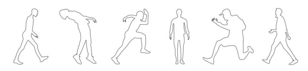 men vector silhouettes of standing, running, and walking people,  isolated line art