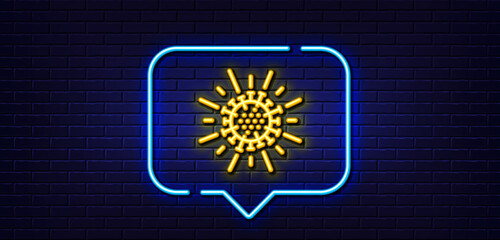Neon light speech bubble. Coronavirus line icon. Covid-19 pandemic virus sign. Corona virus symbol. Neon light background. Coronavirus glow line. Brick wall banner. Vector