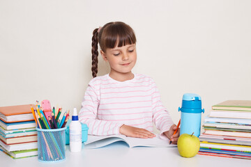 Horizontal shot of cute little schoolgirl with dark hair and braids sitting at table and writing in exercise book, posing surrounded with books, being concentrated and attentive, smiling.