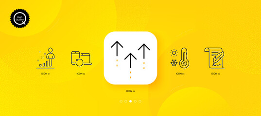 Fototapeta na wymiar Weather thermometer, Swipe up and Stats minimal line icons. Yellow abstract background. Recovery devices, Feather icons. For web, application, printing. Vector
