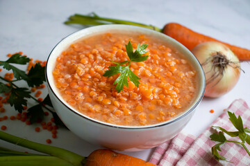 Lentil soup on a light background