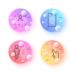 Fingerprint, Hold heart and Recruitment minimal line icons. 3d spheres or balls buttons. Restroom icons. For web, application, printing. Biometric scan, Friendship, Manager change. Wc toilet. Vector