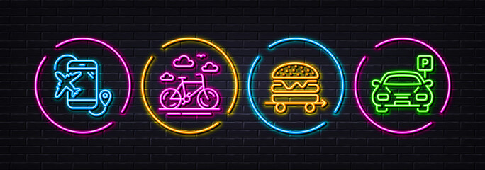 Flight destination, Food delivery and Bike rental minimal line icons. Neon laser 3d lights. Parking icons. For web, application, printing. Airplane trip, Burger, Bicycle. Car park. Vector - obrazy, fototapety, plakaty