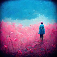 Woman walking in field of pink flowers. Rear view. Long shot. Illustration.