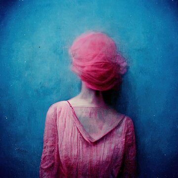 Portrait of woman with pink cloth covering face. Illustration.