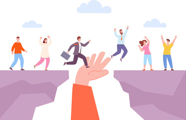 Leader hand helping supporters. Partnership support concept, mentor business trainer help, giant hands supporting bridge at abyss, employee teamwork vector illustration - obrazy, fototapety, plakaty
