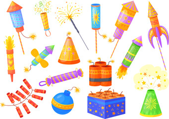 Cartoon petards. Feast firecracker and fireworks, fire crackers explosion pyrotechnic fountain firework festive salute party celebration flapper confetti, neat vector illustration