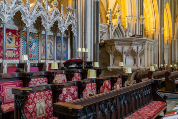 view of the Choir and pulpit inside the historic 12th-century Wells Cathedral - obrazy, fototapety, plakaty