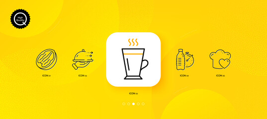 Fototapeta na wymiar Latte, Fitness water and Love cooking minimal line icons. Yellow abstract background. Pecan nut, Food delivery icons. For web, application, printing. Tea glass mug, Drink bottle, Chef hat. Vector