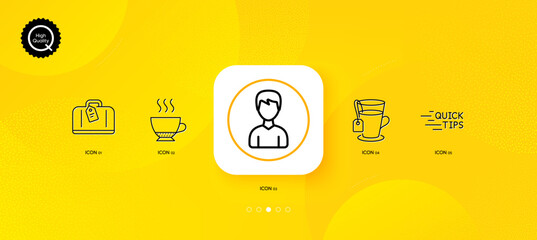 Fototapeta na wymiar Hand baggage, Tea and Education minimal line icons. Yellow abstract background. Espresso, Person icons. For web, application, printing. Airport bag, Glass mug, Quick tips. Hot drink. Vector