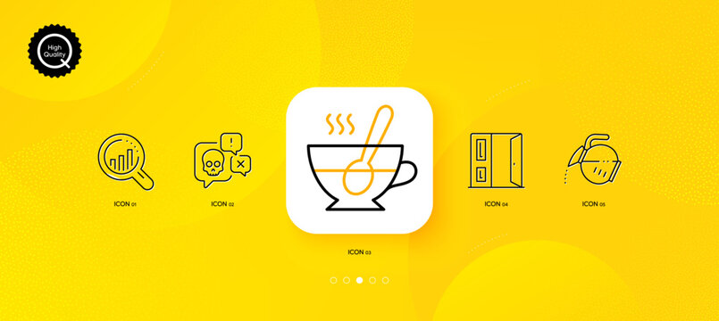 Seo analysis, Cyber attack and Open door minimal line icons. Yellow abstract background. Tea cup, Coffee pot icons. For web, application, printing. Targeting chart, Darknet chat, Entrance. Vector